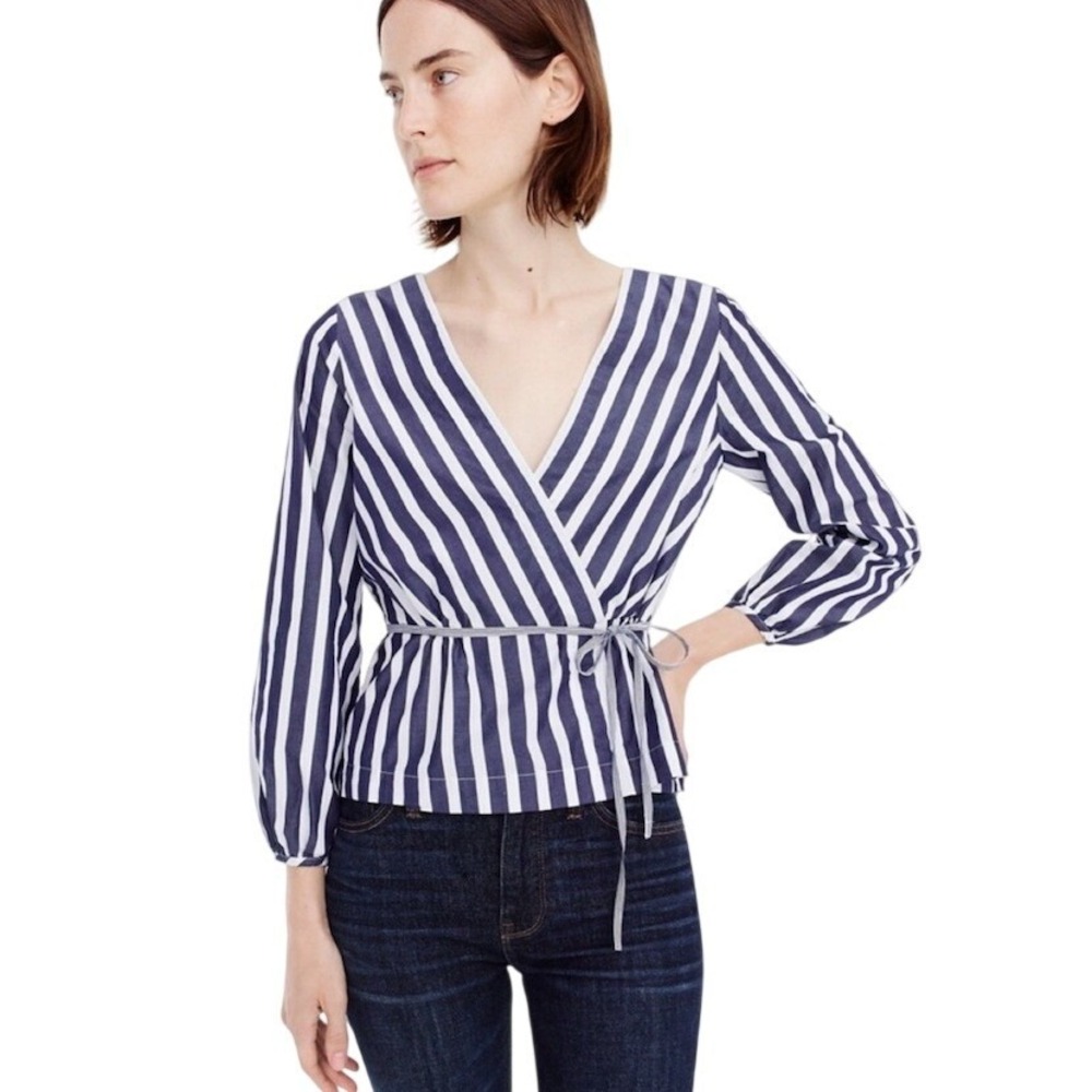 J.Crew Navy White Striped Faux Wrap Top Blouse SIZE 4 TALL